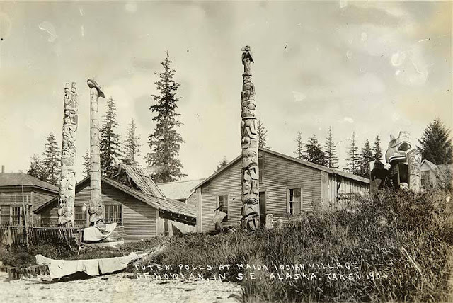 023 haida totem poles in front of houses howkan village long island alaska 1906