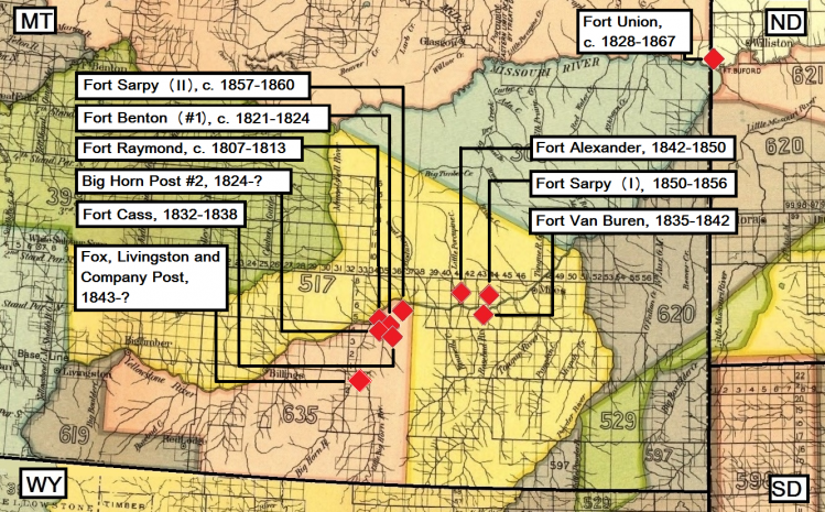 Map with trading posts built for trade with the crows 1807 1867