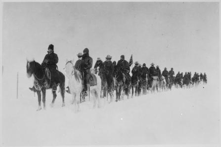 Return of casey s scouts from the fight at wounded knee 1890 91 soldiers on horseback plod through the snow nara 531103