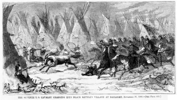 Seventh cavalry charging black kettle s village 1868
